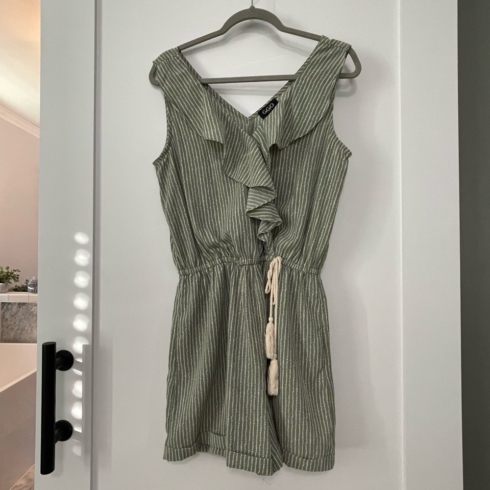 Green Smocked Ruffled V-Neck Romper